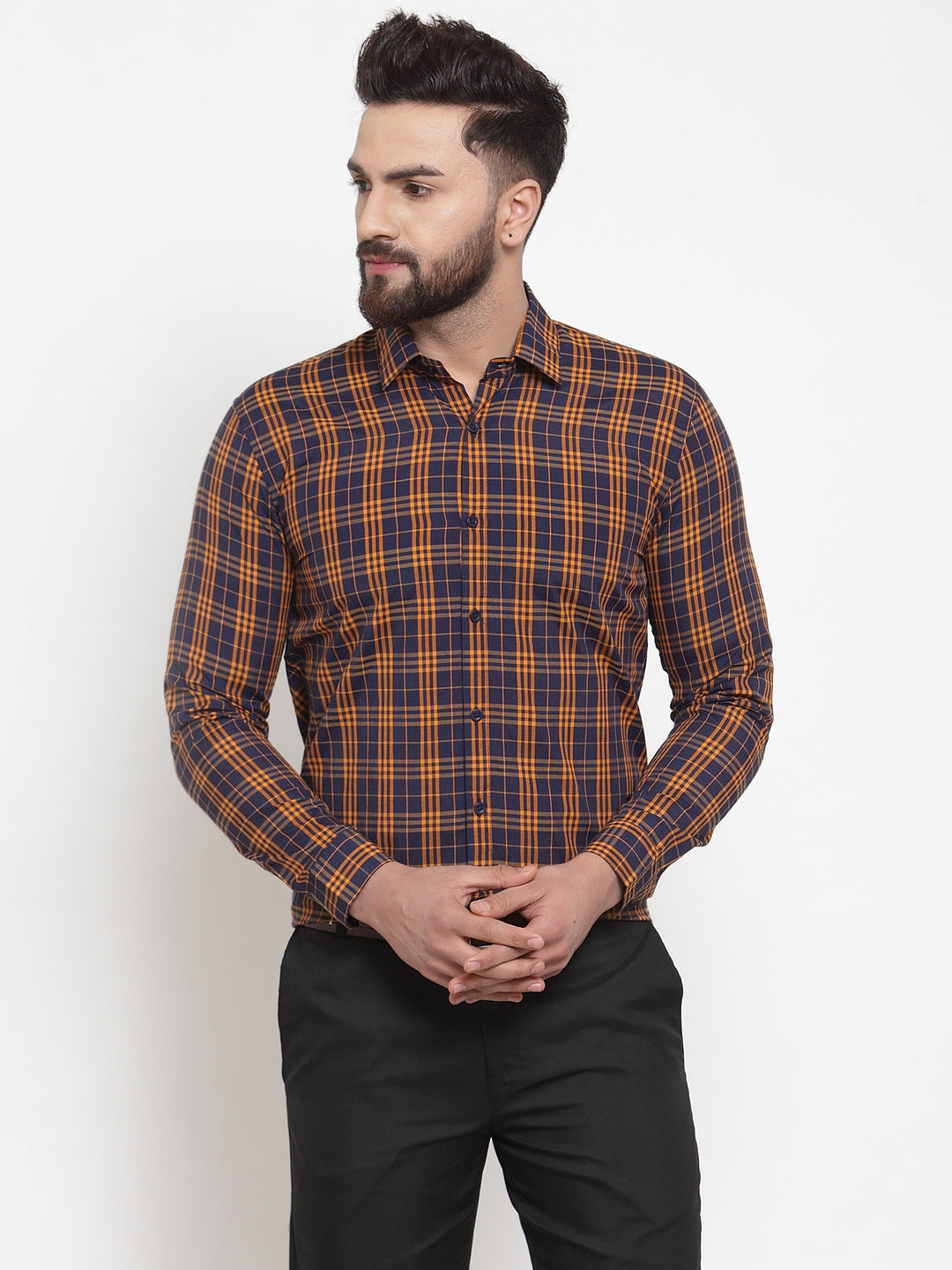 Jainish Multi Men's Cotton Checked Formal Shirts ( SF 741Orange-Blue ) - Distacart