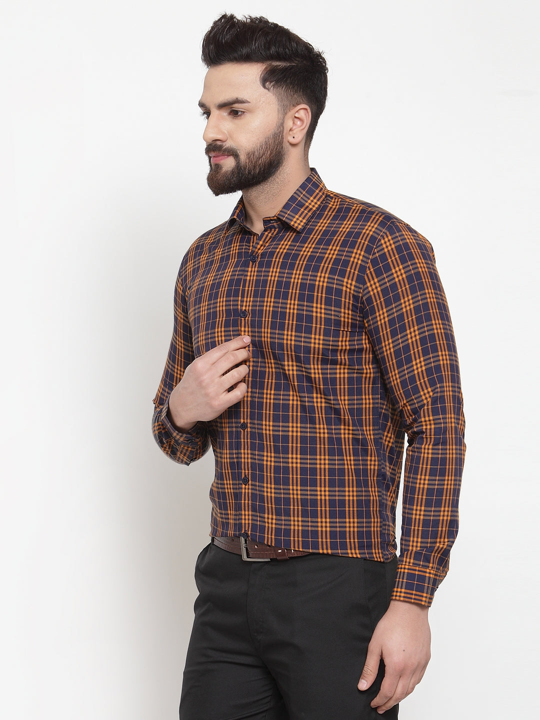 Jainish Multi Men's Cotton Checked Formal Shirts ( SF 741Orange-Blue ) - Distacart