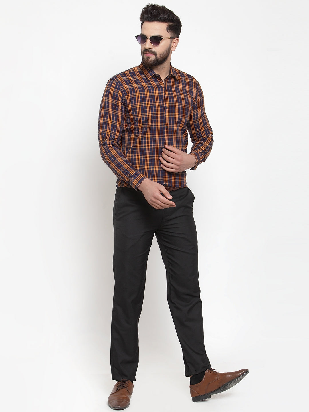 Jainish Multi Men's Cotton Checked Formal Shirts ( SF 741Orange-Blue ) - Distacart