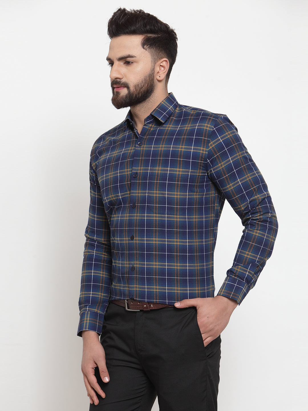 Jainish Blue Men's Cotton Checked Formal Shirts ( SF 741Royal-Blue ) - Distacart