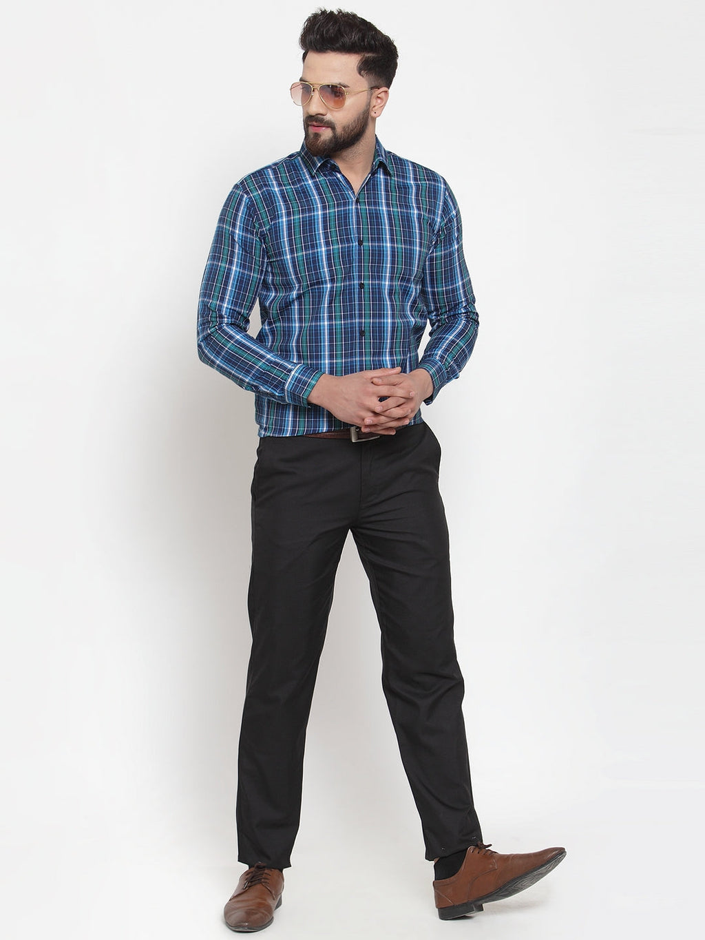 Jainish Blue Men's Cotton Checked Formal Shirts ( SF 741Sky-Blue ) - Distacart
