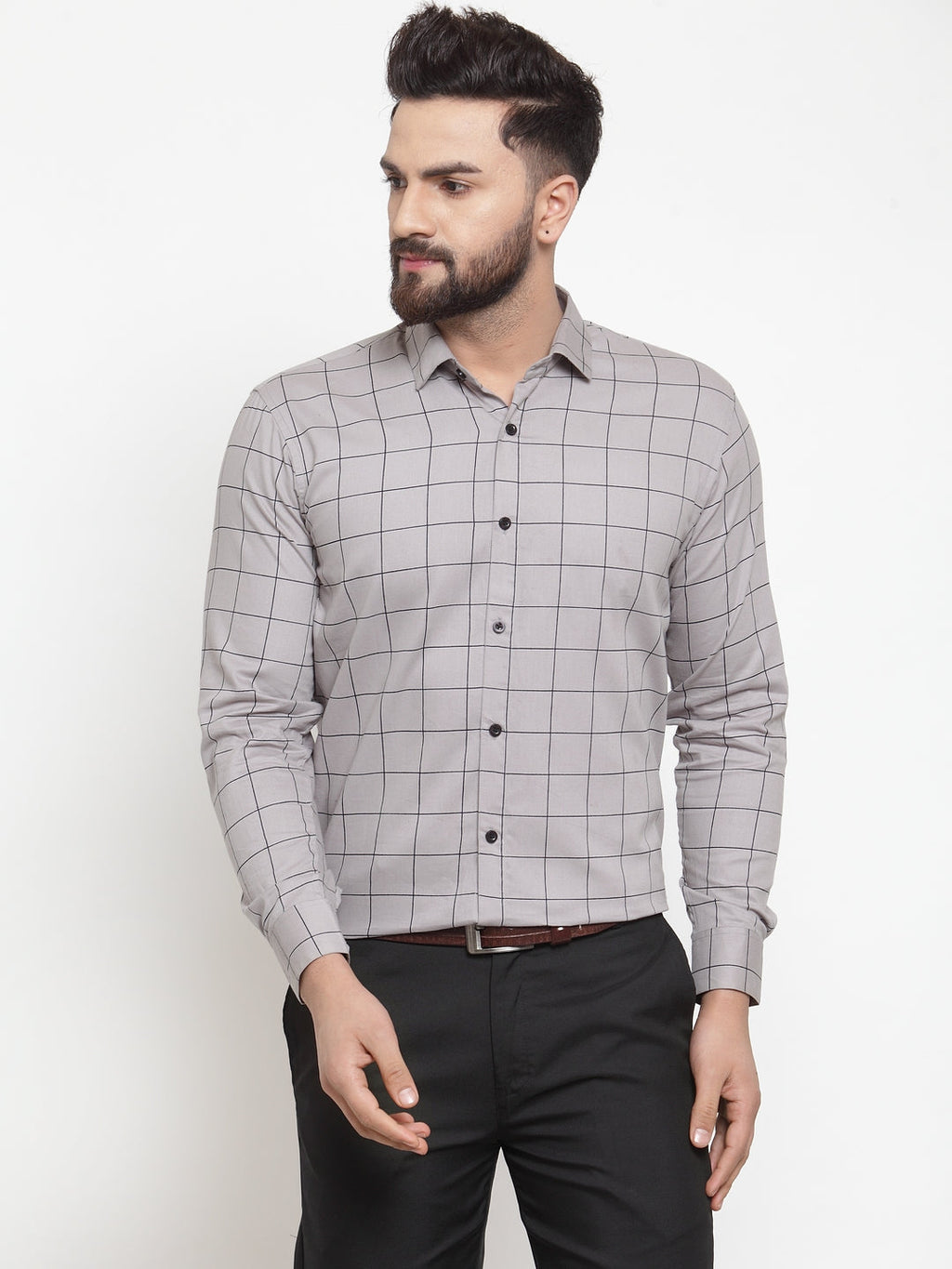 Jainish Grey Men's Cotton Checked Formal Shirts ( SF 742Grey ) - Distacart
