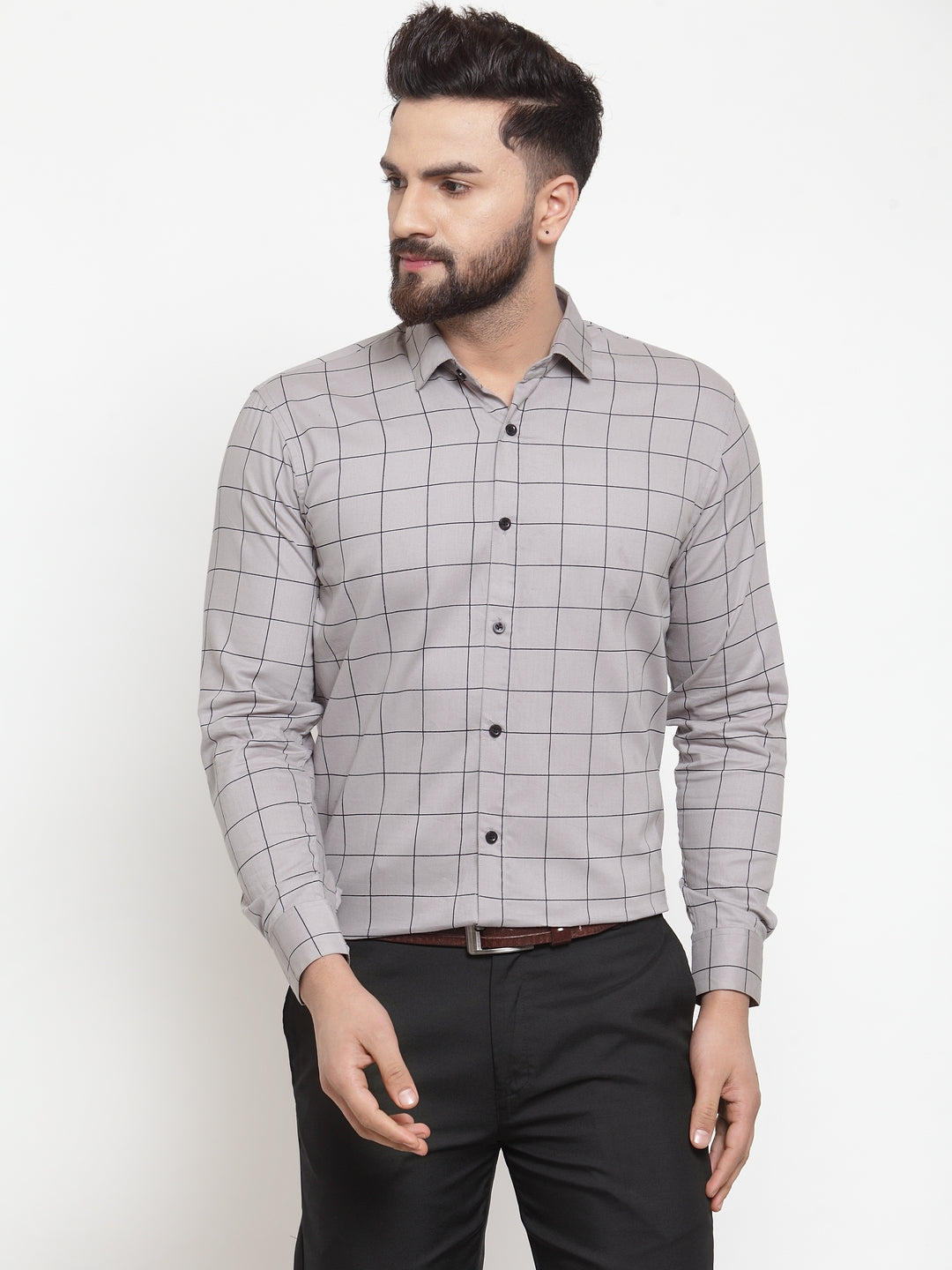 Jainish Grey Men's Cotton Checked Formal Shirts ( SF 742Grey ) - Distacart