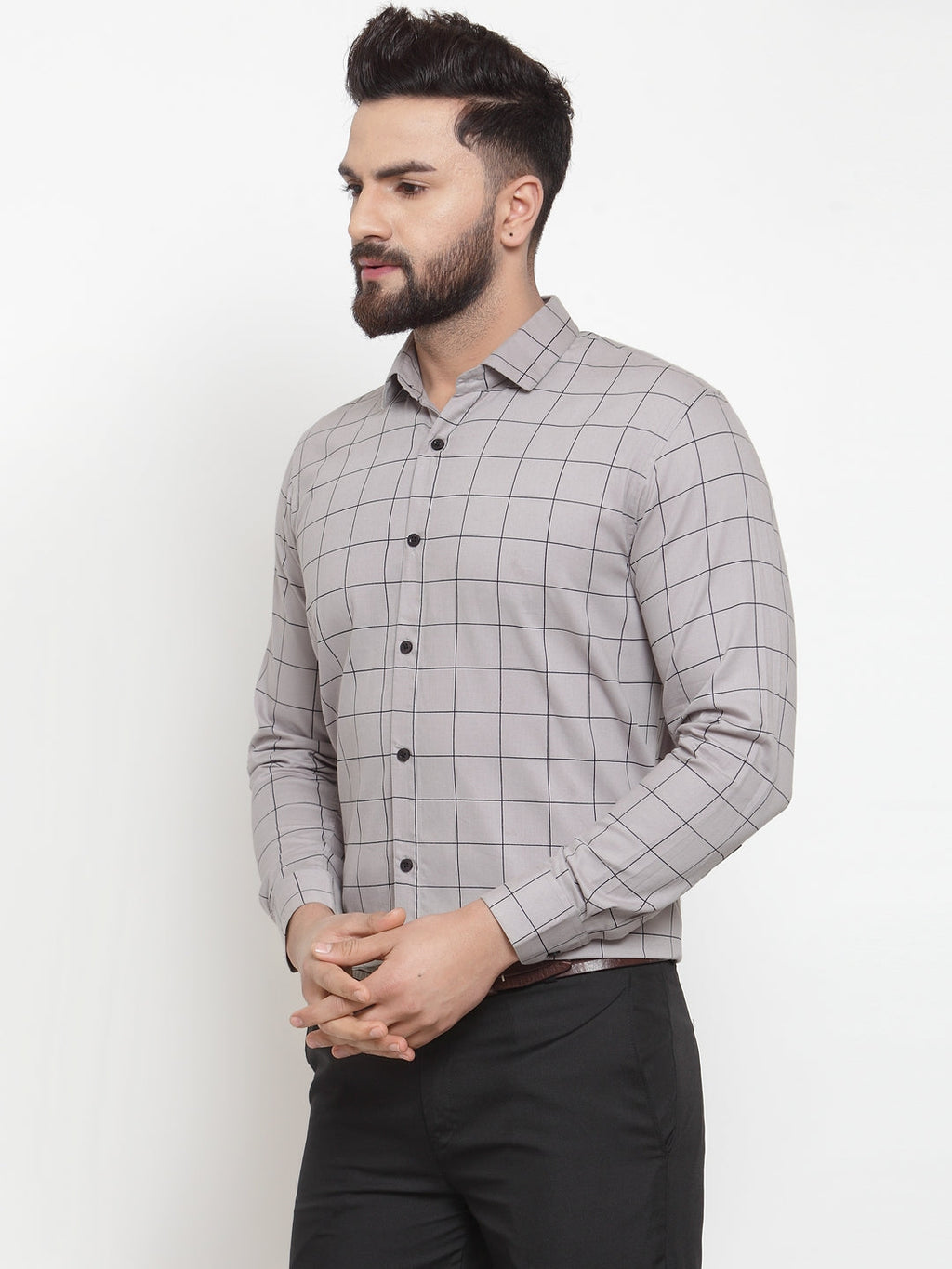 Jainish Grey Men's Cotton Checked Formal Shirts ( SF 742Grey ) - Distacart