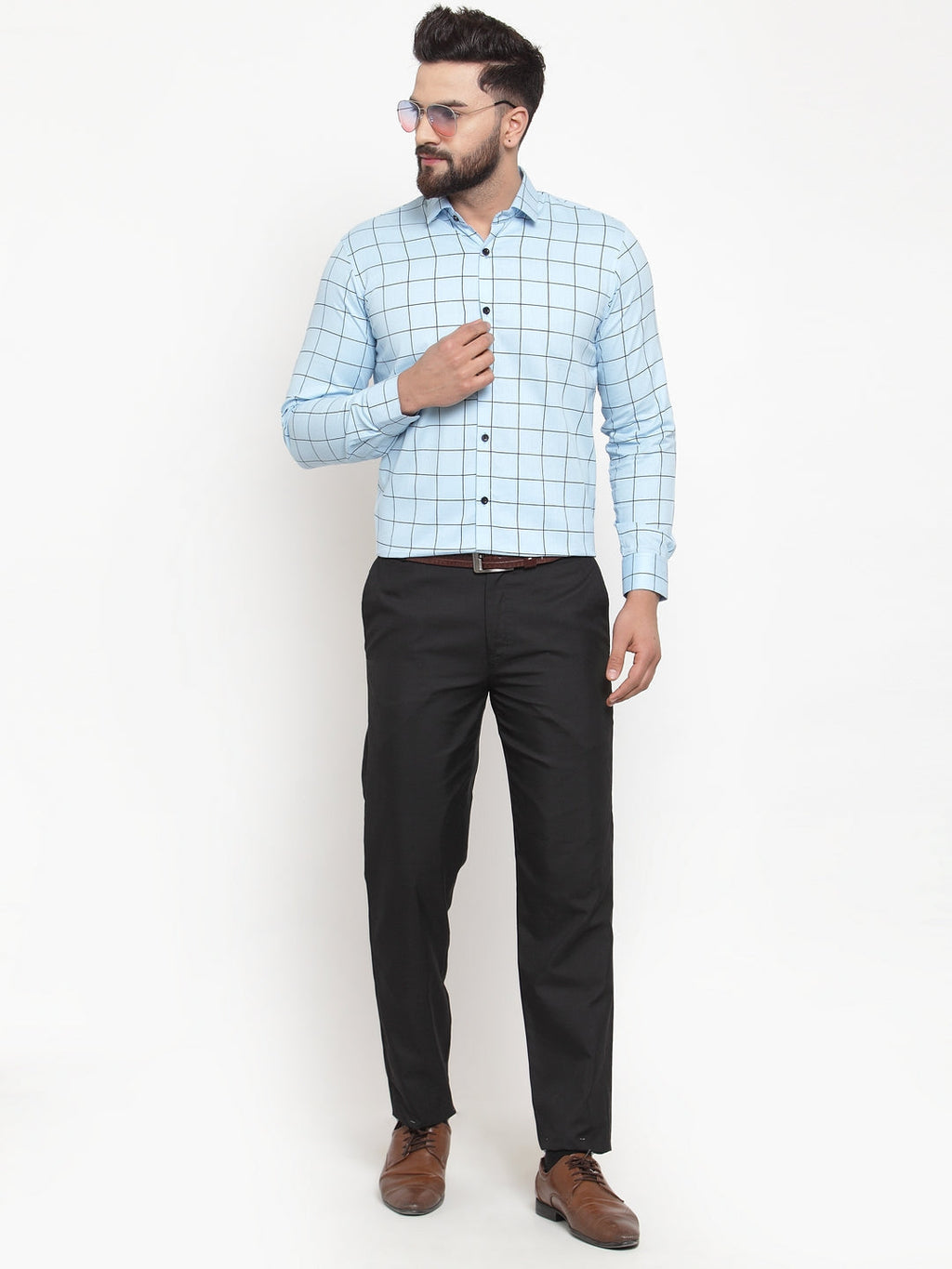Jainish Blue Men's Cotton Checked Formal Shirts ( SF 742Sky ) - Distacart