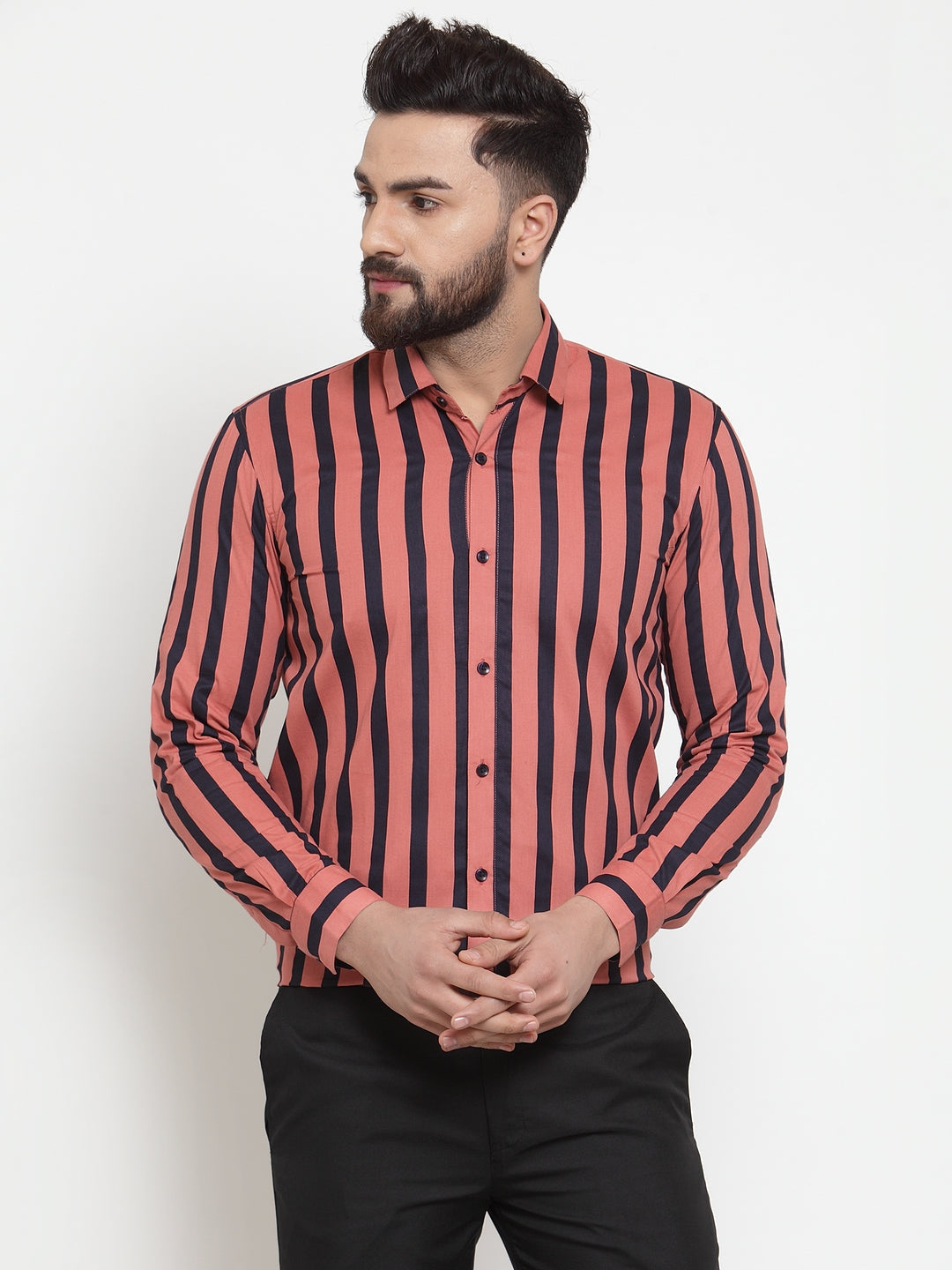 Jainish Red Men's Cotton Striped Formal Shirts ( SF 744Coral ) - Distacart