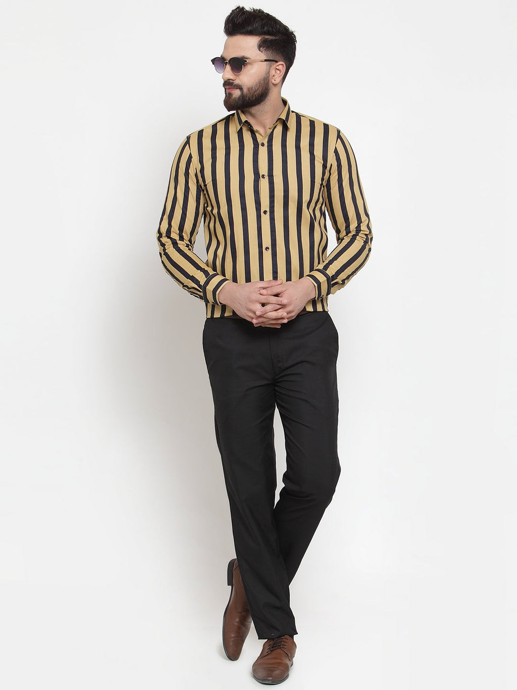 Jainish Yellow Men's Cotton Striped Formal Shirts ( SF 744Mustard ) - Distacart