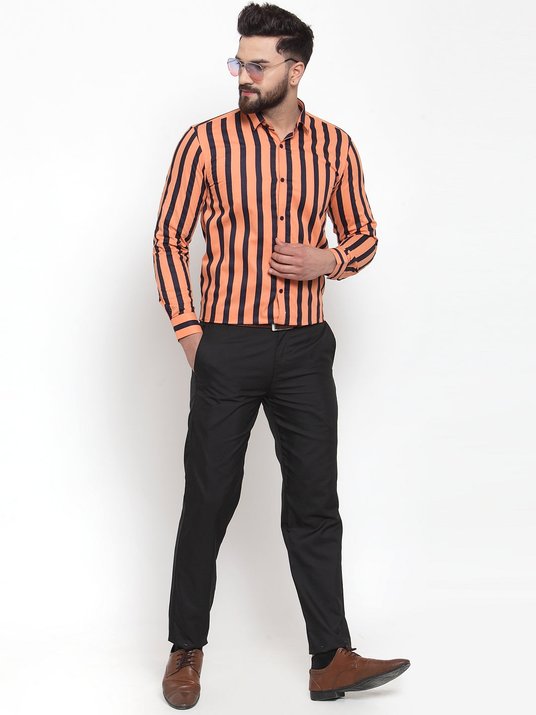 Jainish Orange Men's Cotton Striped Formal Shirts ( SF 744Orange ) - Distacart