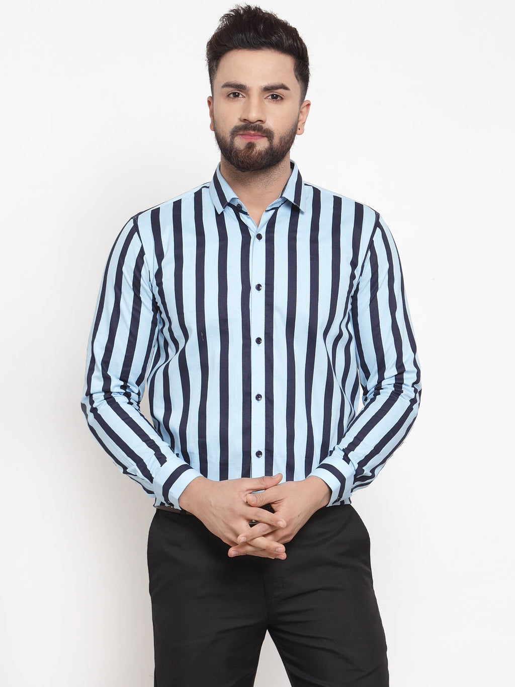 Jainish Blue Men's Cotton Striped Formal Shirts ( SF 744Sky ) - Distacart