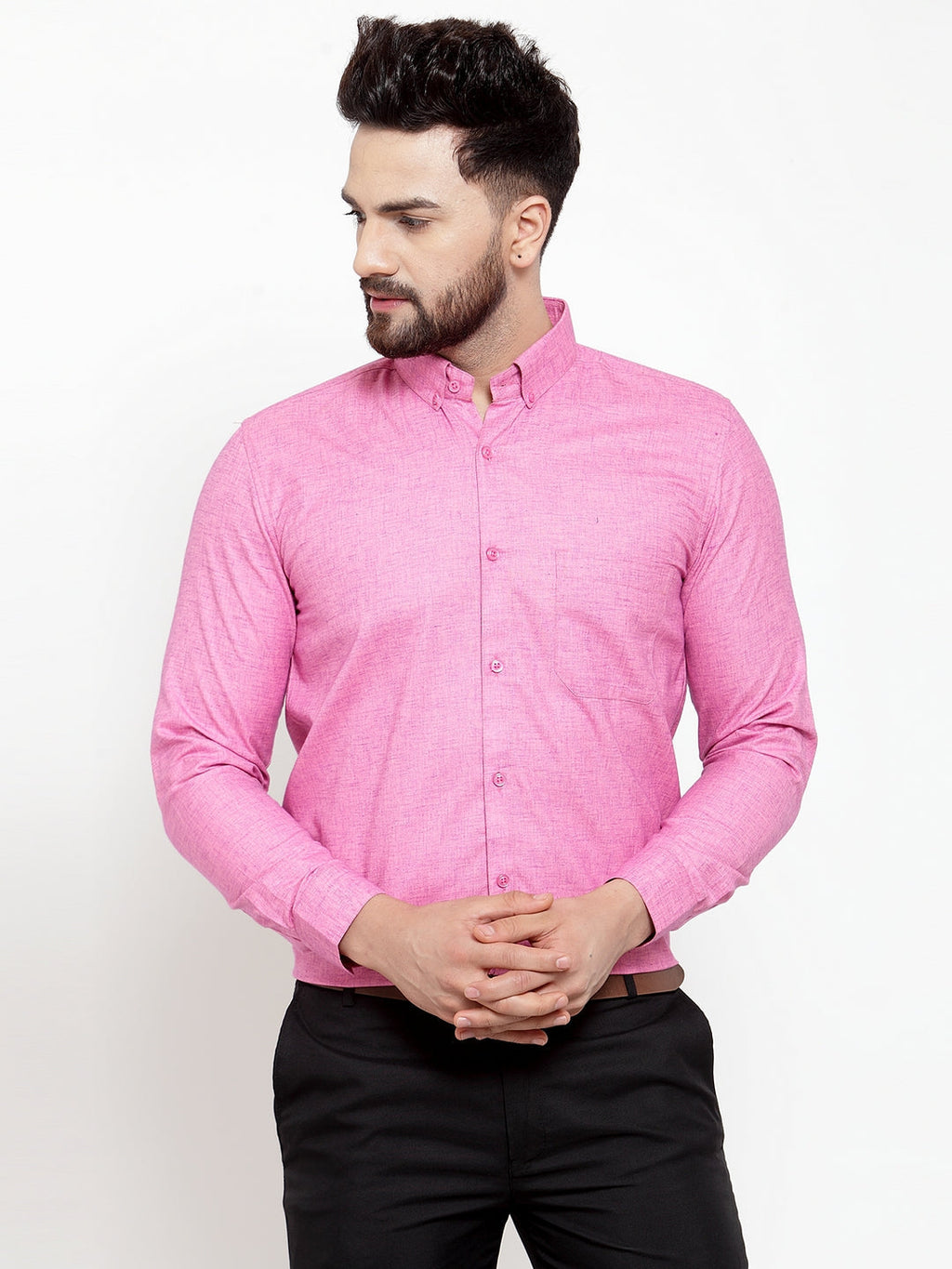 Jainish Pink Men's Cotton Solid Button Down Formal Shirts ( SF 753Pink ) - Distacart