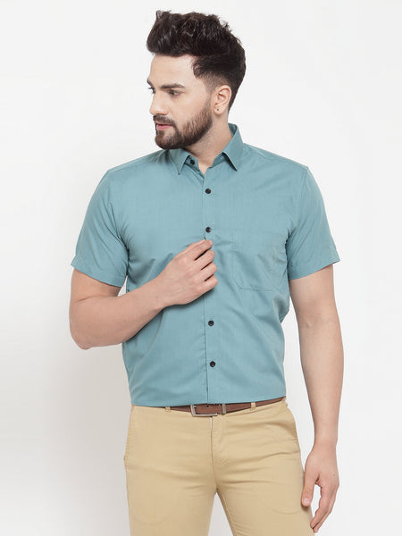 Jainish Green Men's Cotton Half Sleeves Solid Formal Shirts ( SF 754Aqua )