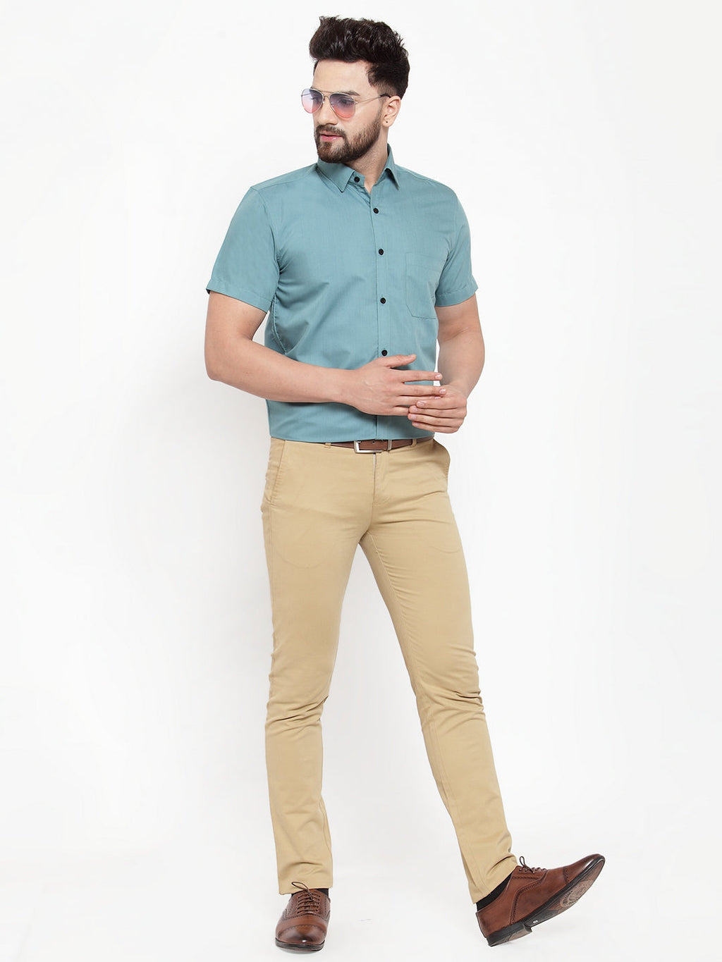 Jainish Green Men's Cotton Half Sleeves Solid Formal Shirts ( SF 754Aqua ) - Distacart