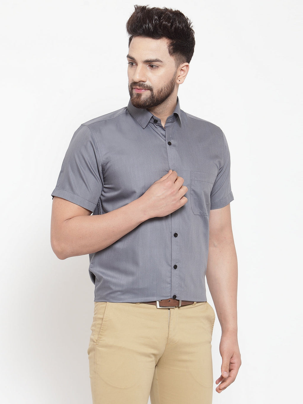 Jainish Grey Men's Cotton Half Sleeves Solid Formal Shirts ( SF 754Grey ) - Distacart