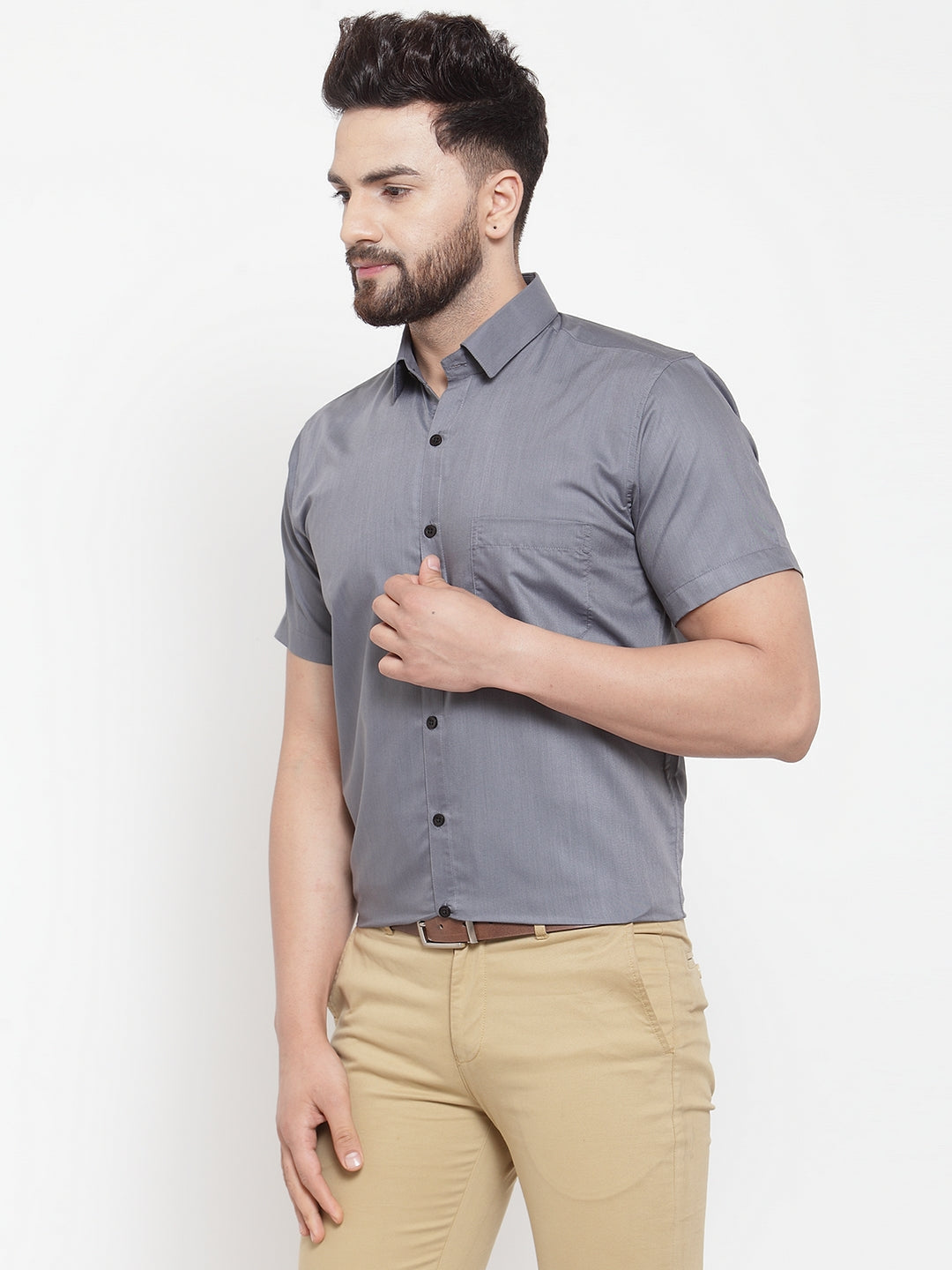 Jainish Grey Men's Cotton Half Sleeves Solid Formal Shirts ( SF 754Grey ) - Distacart