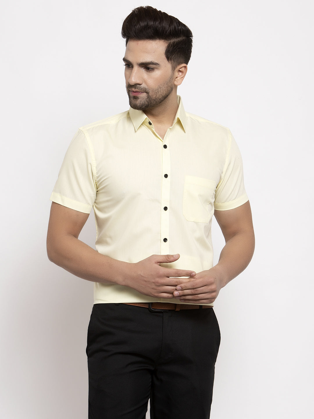 Jainish Yellow Men's Cotton Half Sleeves Solid Formal Shirts ( SF 754Lime ) - Distacart