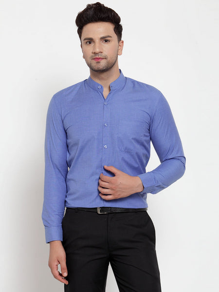 Jainish Blue Men's Cotton Solid Mandarin Collar Formal Shirts ( SF 757Blue )