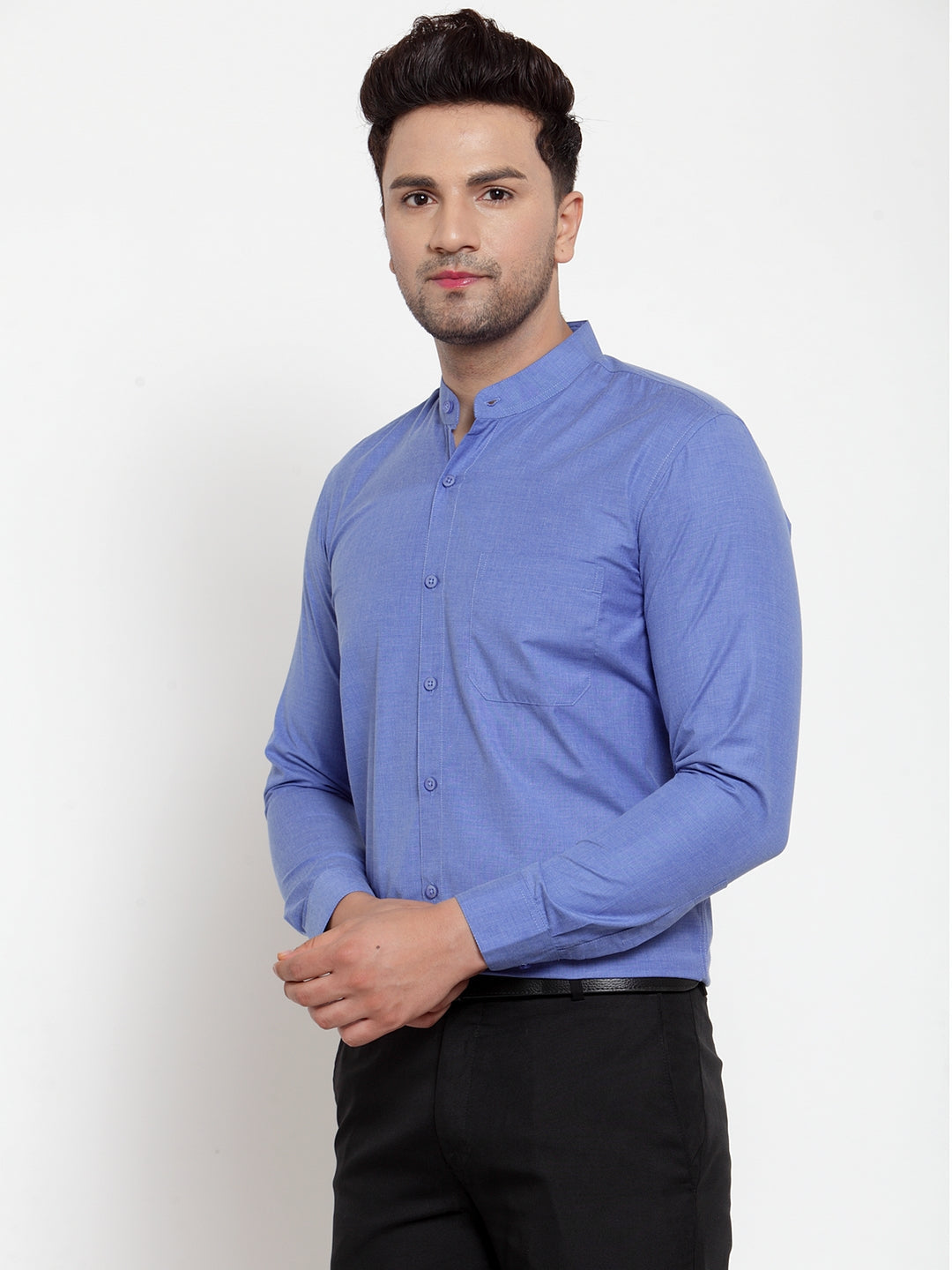 Jainish Blue Men's Cotton Solid Mandarin Collar Formal Shirts ( SF 757Blue ) - Distacart