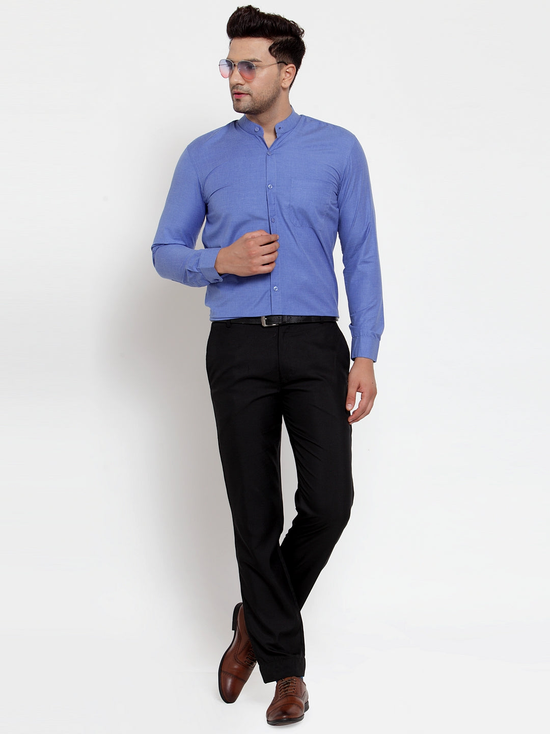 Jainish Blue Men's Cotton Solid Mandarin Collar Formal Shirts ( SF 757Blue ) - Distacart