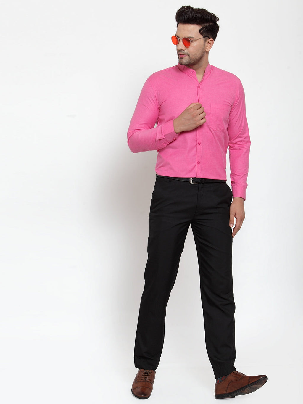 Jainish Pink Men's Cotton Solid Mandarin Collar Formal Shirts ( SF 757Pink ) - Distacart