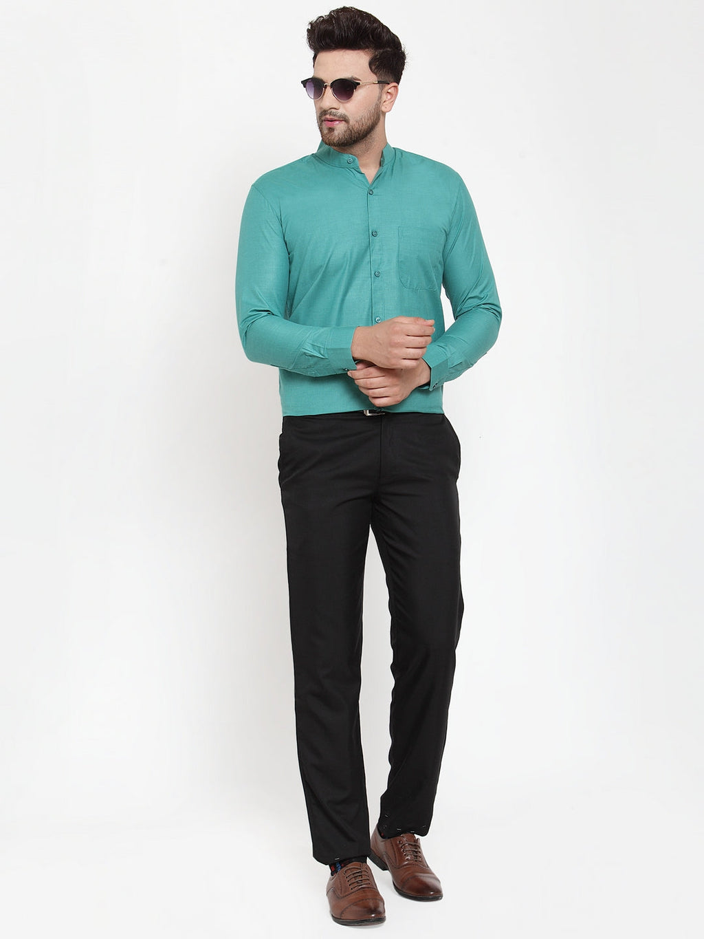 Jainish Green Men's Cotton Solid Mandarin Collar Formal Shirts ( SF 757Pista ) - Distacart
