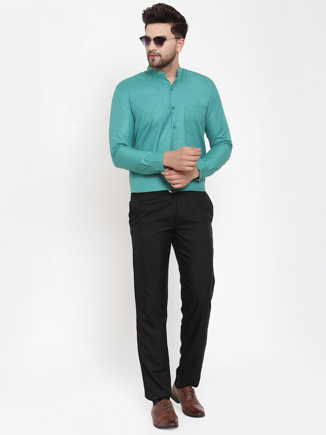 Jainish Green Men's Cotton Solid Mandarin Collar Formal Shirts ( SF 757Pista ) - Distacart