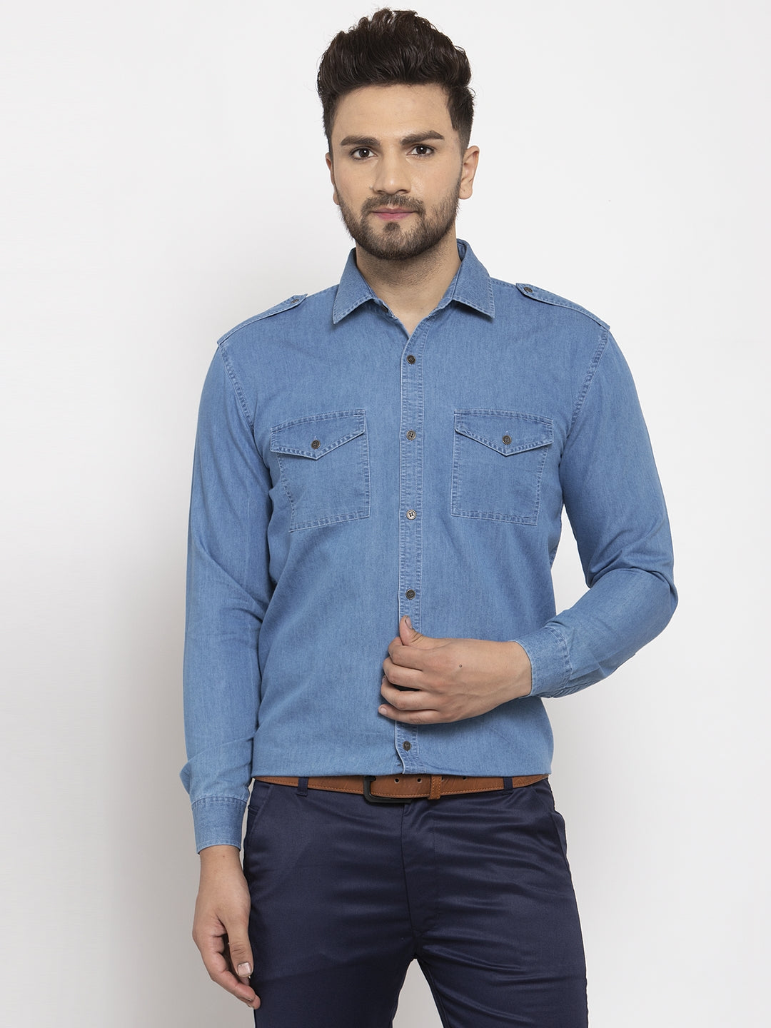 Jainish Blue Men's Denim Solid Formal Shirt's ( SF 763Blue ) - Distacart