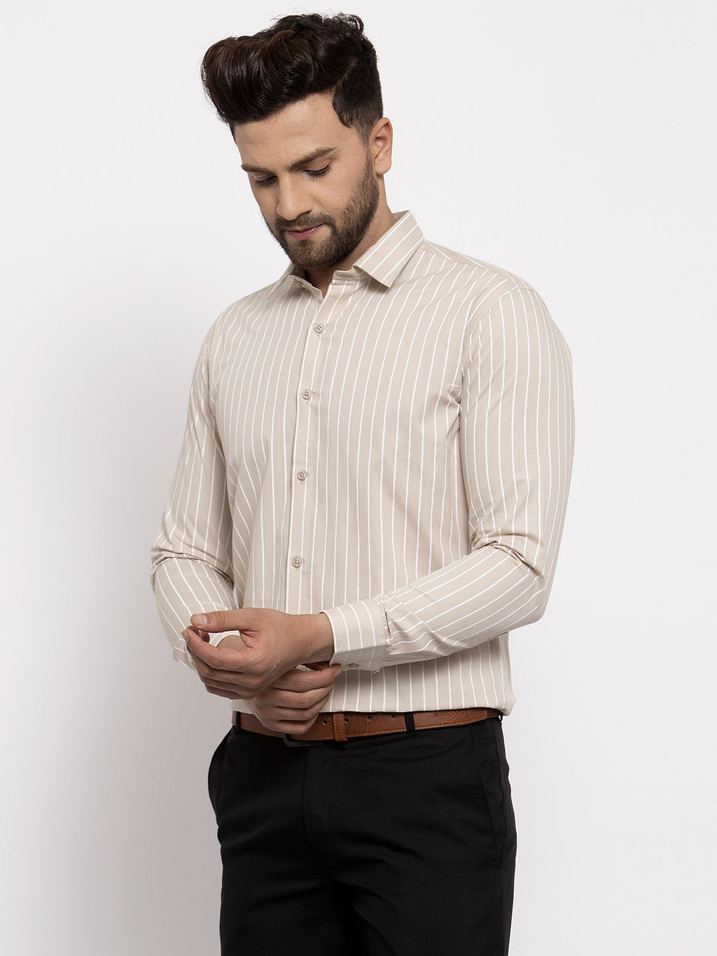 Jainish Cream Men's Cotton Striped Formal Shirt's ( SF 770Cream ) - Distacart