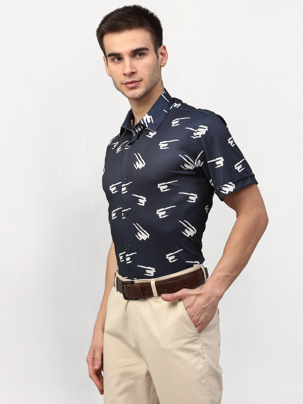 Jainish Navy Blue Men's Printed Lycra Half Sleevess Formal Shirts ( SF 778Navy ) - Distacart