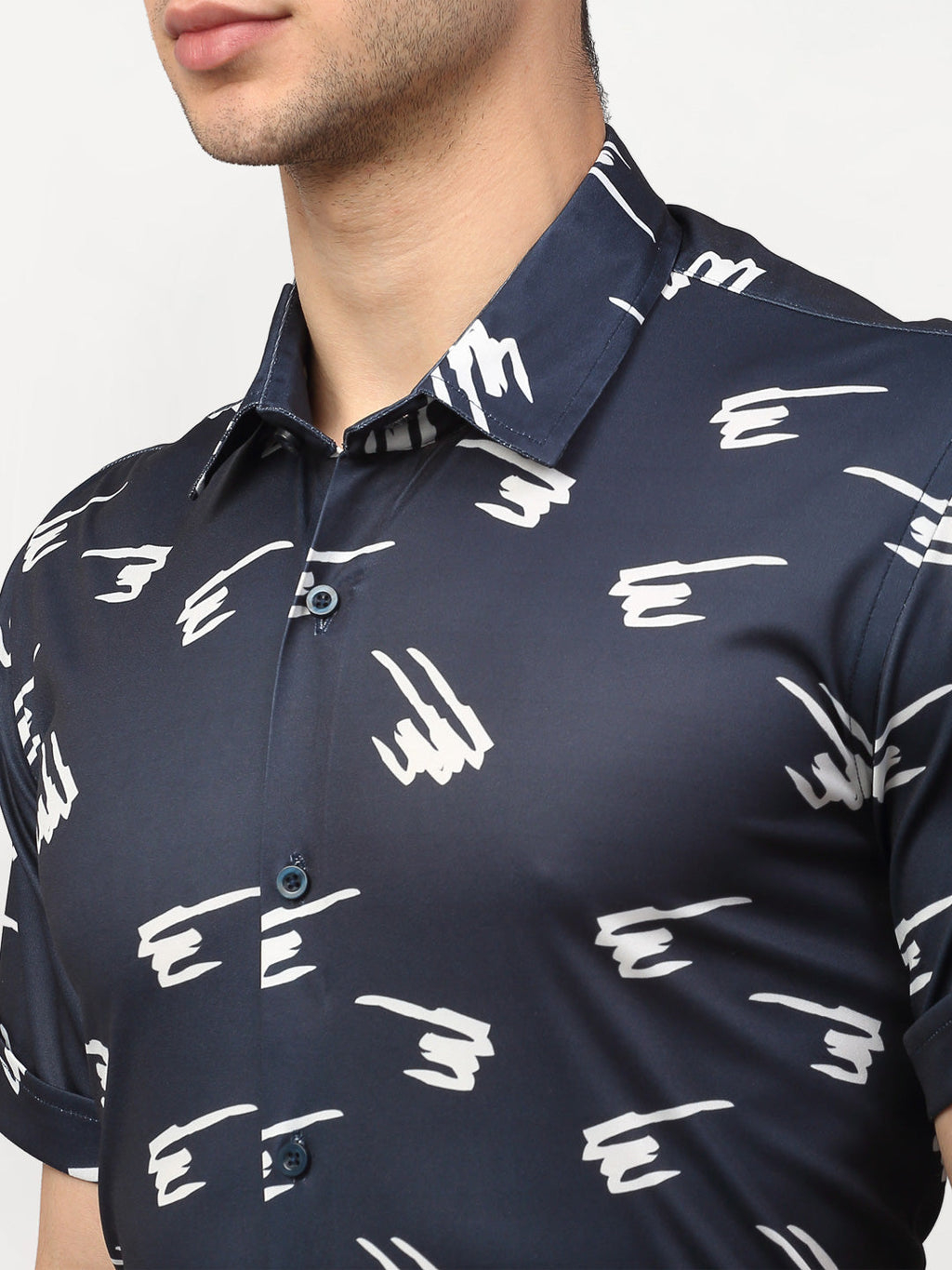 Jainish Navy Blue Men's Printed Lycra Half Sleevess Formal Shirts ( SF 778Navy ) - Distacart