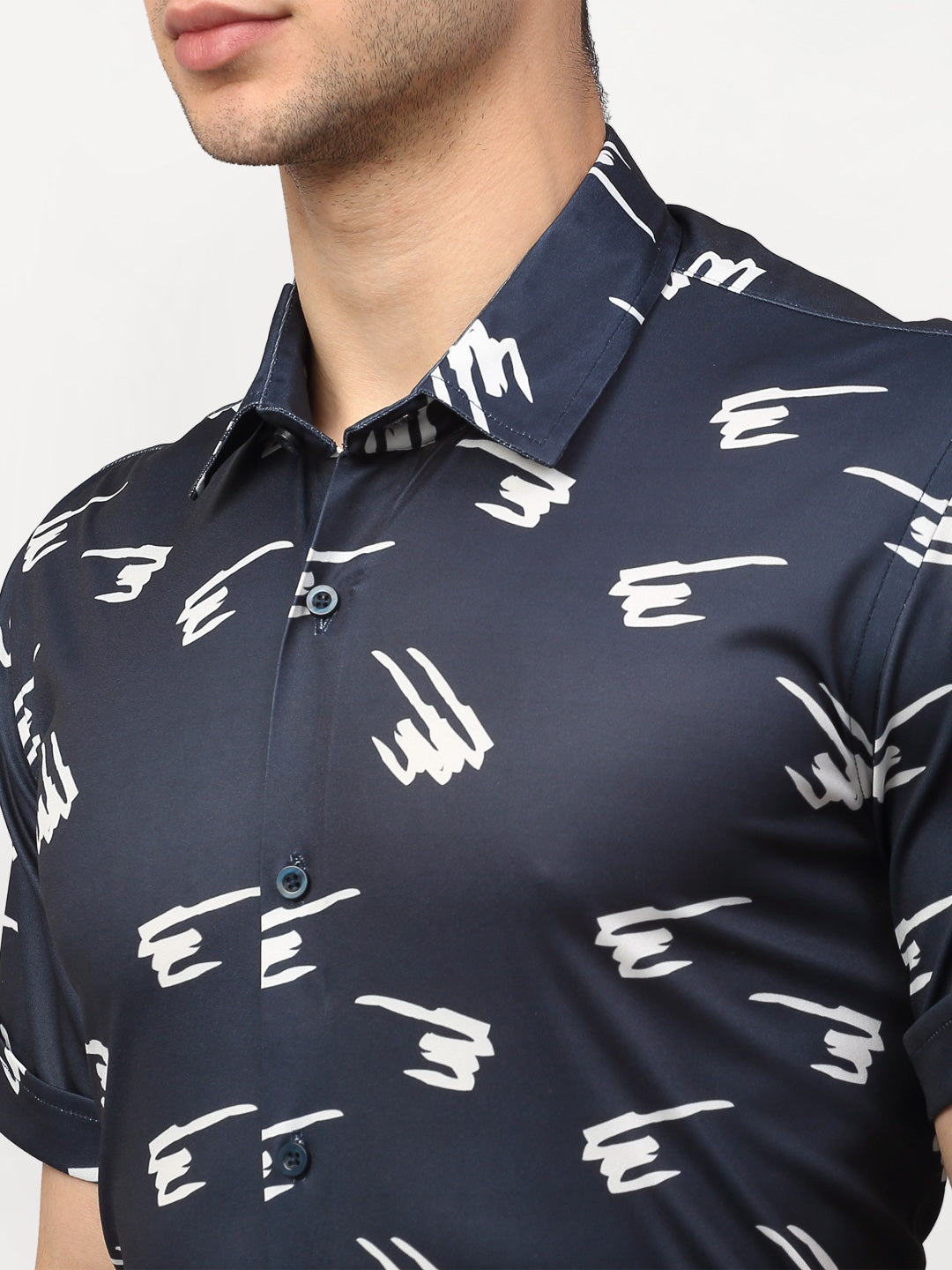 Jainish Navy Blue Men's Printed Lycra Half Sleevess Formal Shirts ( SF 778Navy ) - Distacart