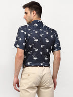 Jainish Navy Blue Men's Printed Lycra Half Sleevess Formal Shirts ( SF 778Navy ) - Distacart