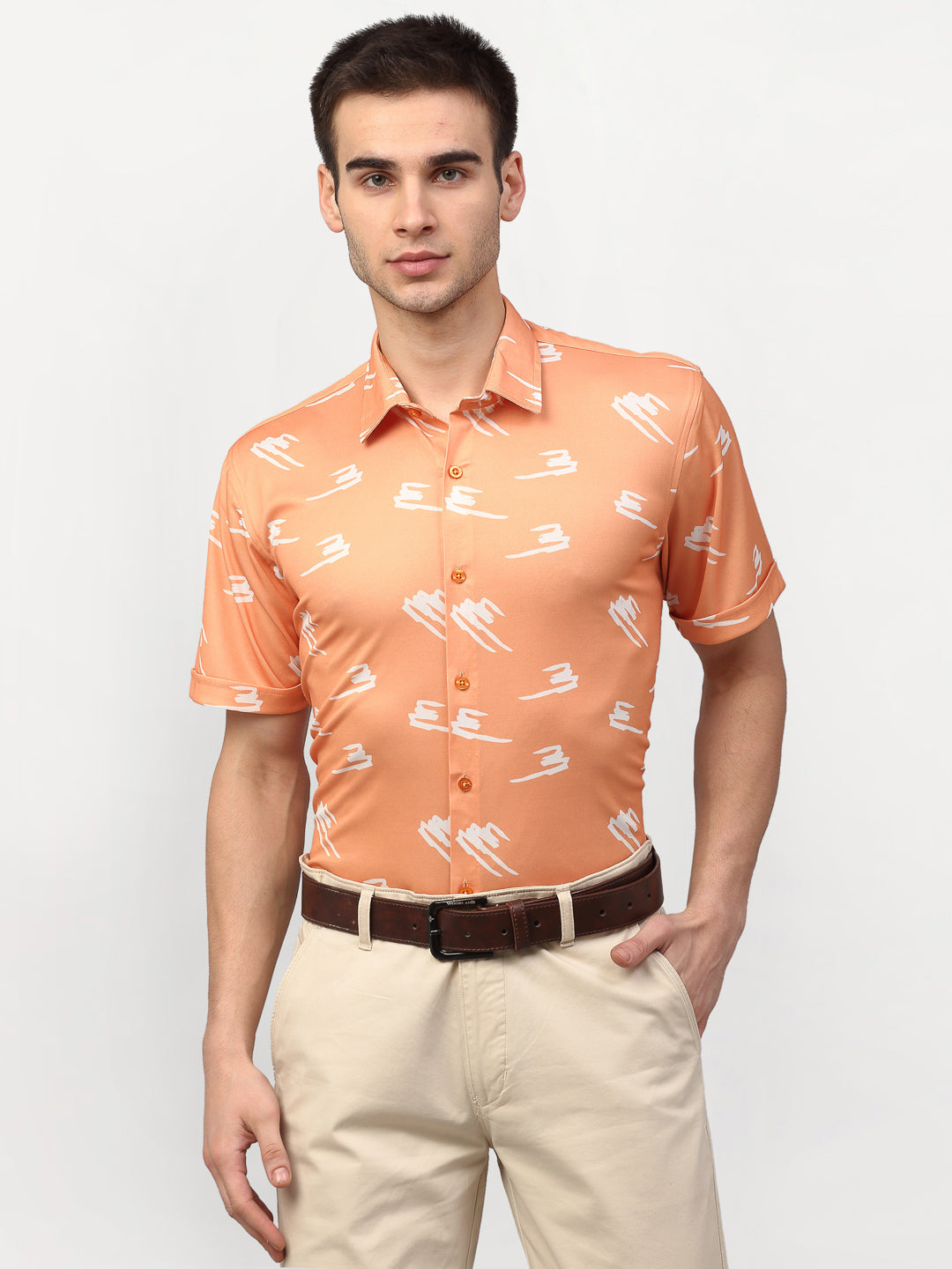 Jainish Peach Men's Printed Lycra Half Sleevess Formal Shirts ( SF 778Peach ) - Distacart