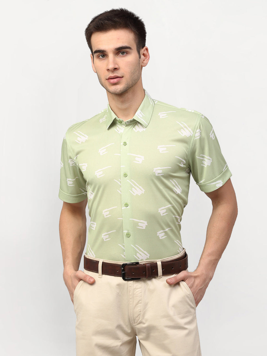 Jainish Green Men's Printed Lycra Half Sleevess Formal Shirts ( SF 778Pista ) - Distacart