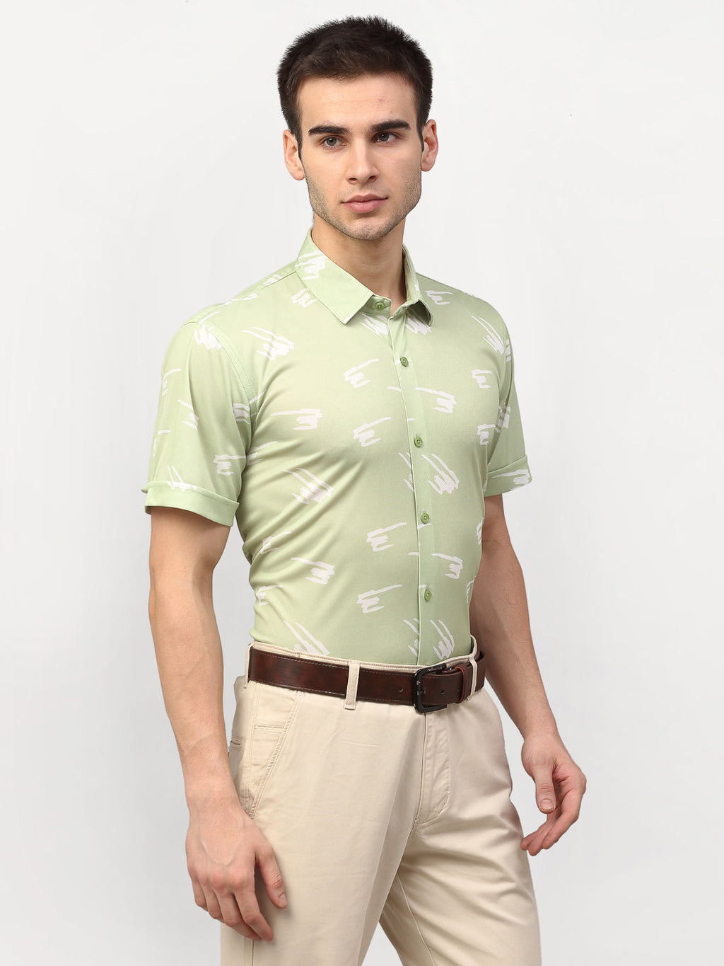 Jainish Green Men's Printed Lycra Half Sleevess Formal Shirts ( SF 778Pista ) - Distacart