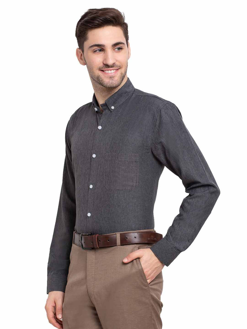 Jainish Grey Melange Men's Button Down Collar Cotton Formal Shirt ( SF 785Charcoal ) - Distacart