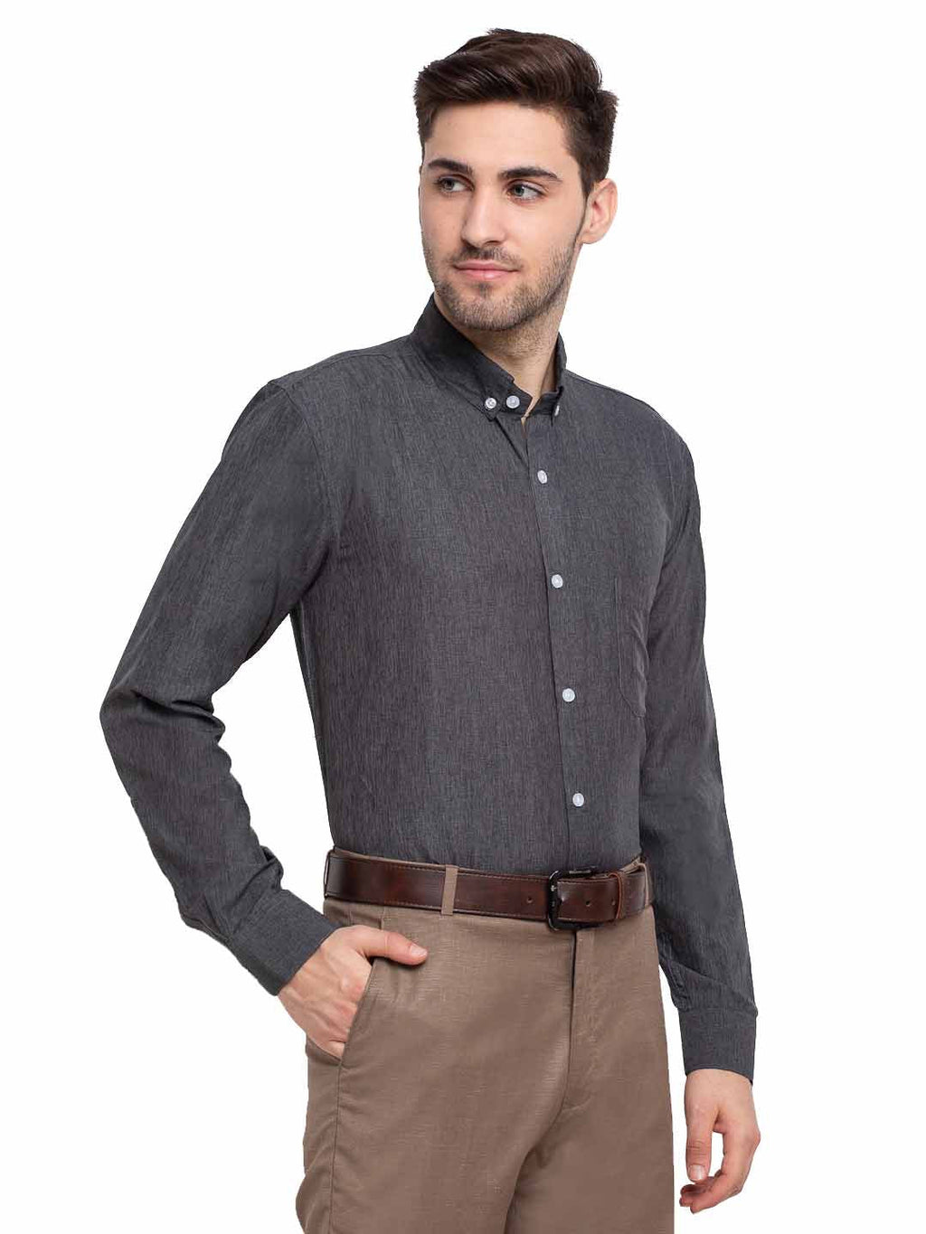 Jainish Grey Melange Men's Button Down Collar Cotton Formal Shirt ( SF 785Charcoal ) - Distacart