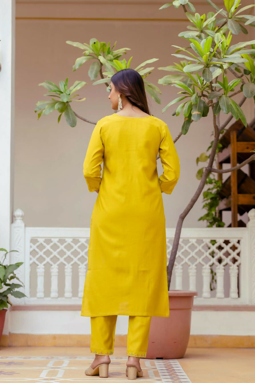 The52 Yellow Women's Gorgeous Embroidered work Viscose Gadhwal Fabric Straight Kurta, Pant and Dupatta Set - Distacart