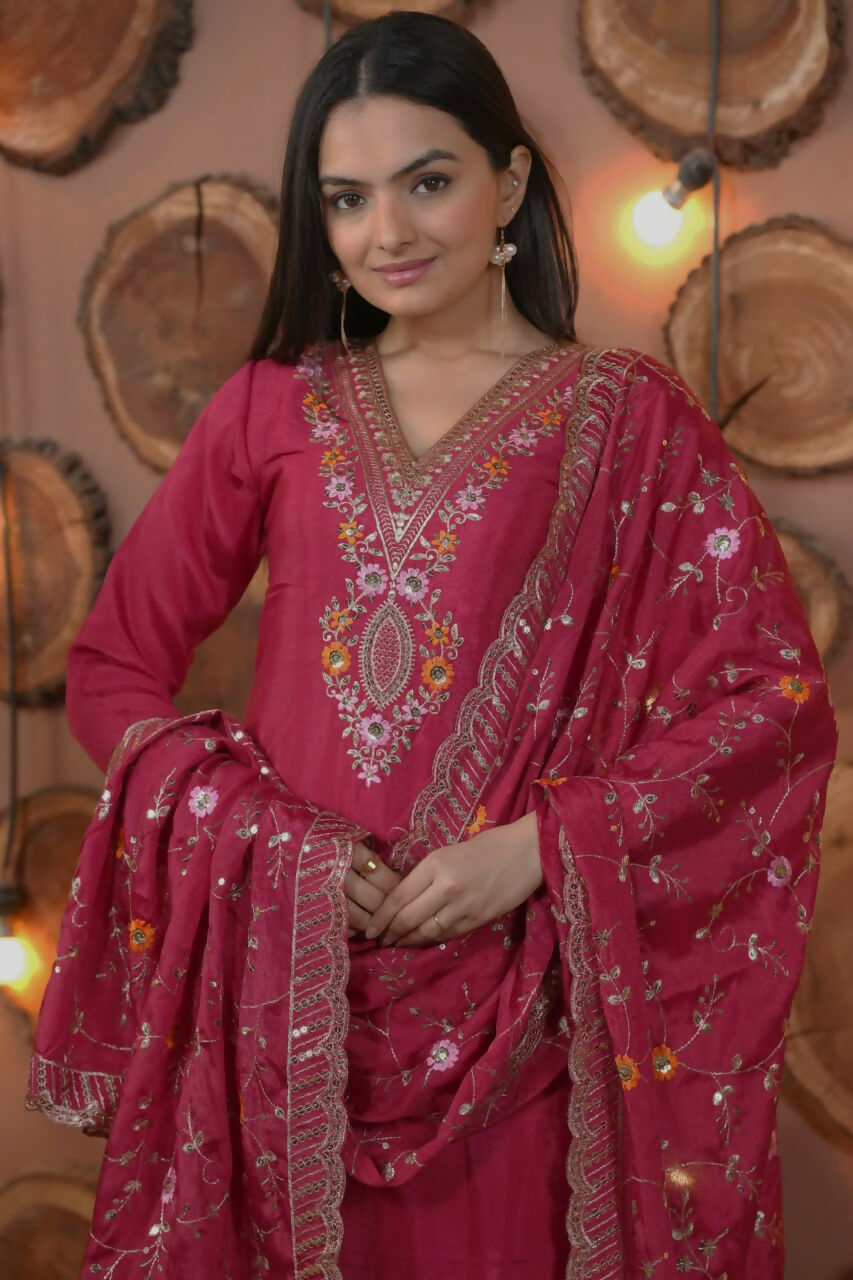 Joban Fashion Pink Silk Embroidered Kurti Set - Distacart
