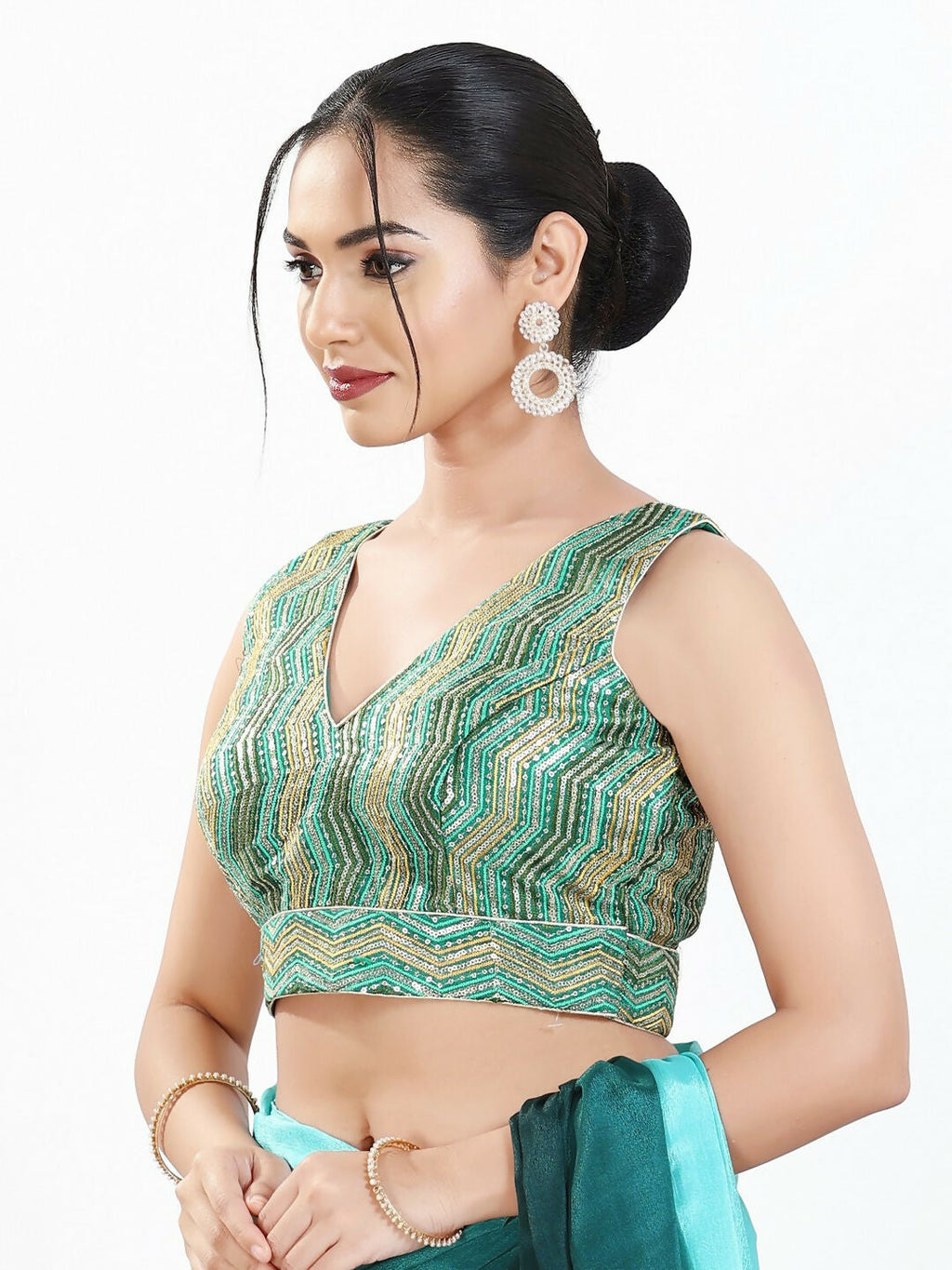 Joban Fashion Green Multi Silk Padded Blouse With V Neck Sleeveless - Distacart