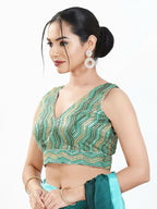 Joban Fashion Green Multi Silk Padded Blouse With V Neck Sleeveless - Distacart