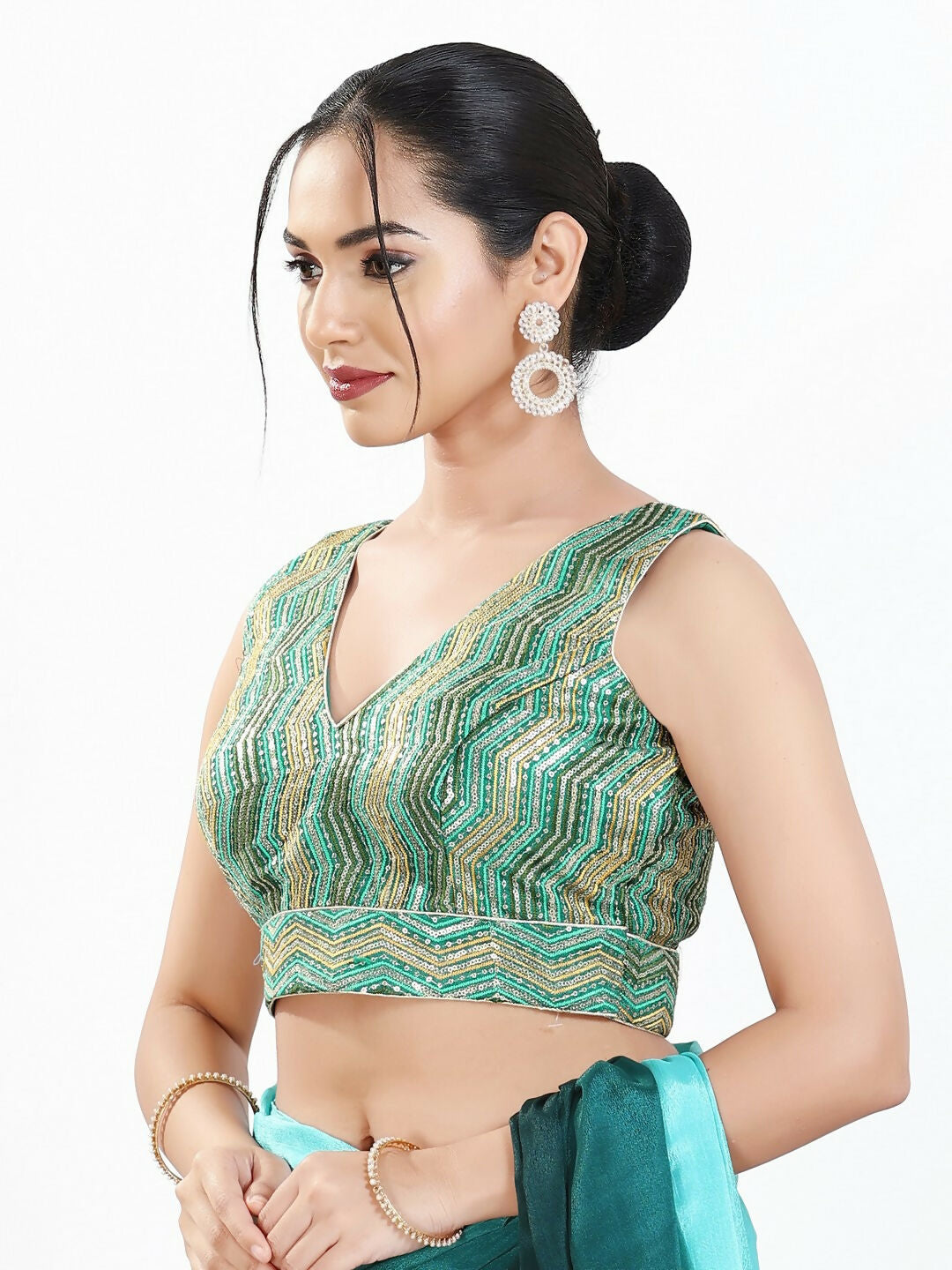 Joban Fashion Green Multi Silk Padded Blouse With V Neck Sleeveless - Distacart
