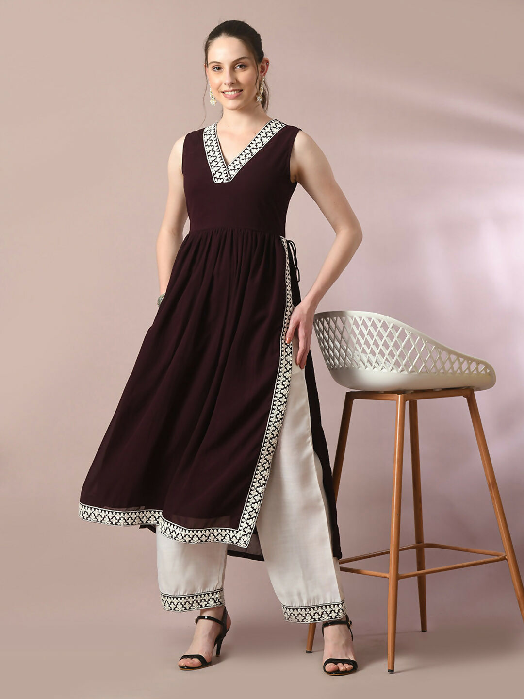Myshka Women's Coffee Brown Solid Georgette Anarkali Party Kurta Set