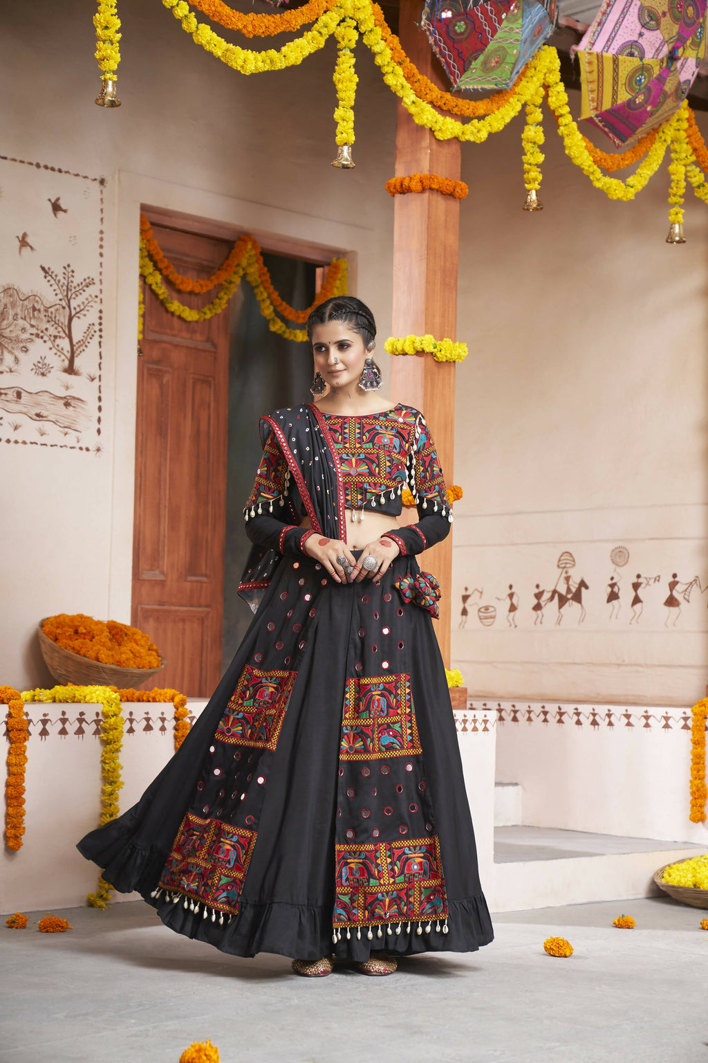 Black Viscose Rayon Thread Embroidery with mirror work Navratri Lehenga Choli with Dupatta - Raas
