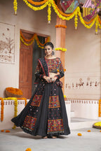 Black Viscose Rayon Thread Embroidery with mirror work Navratri Lehenga Choli with Dupatta - Raas