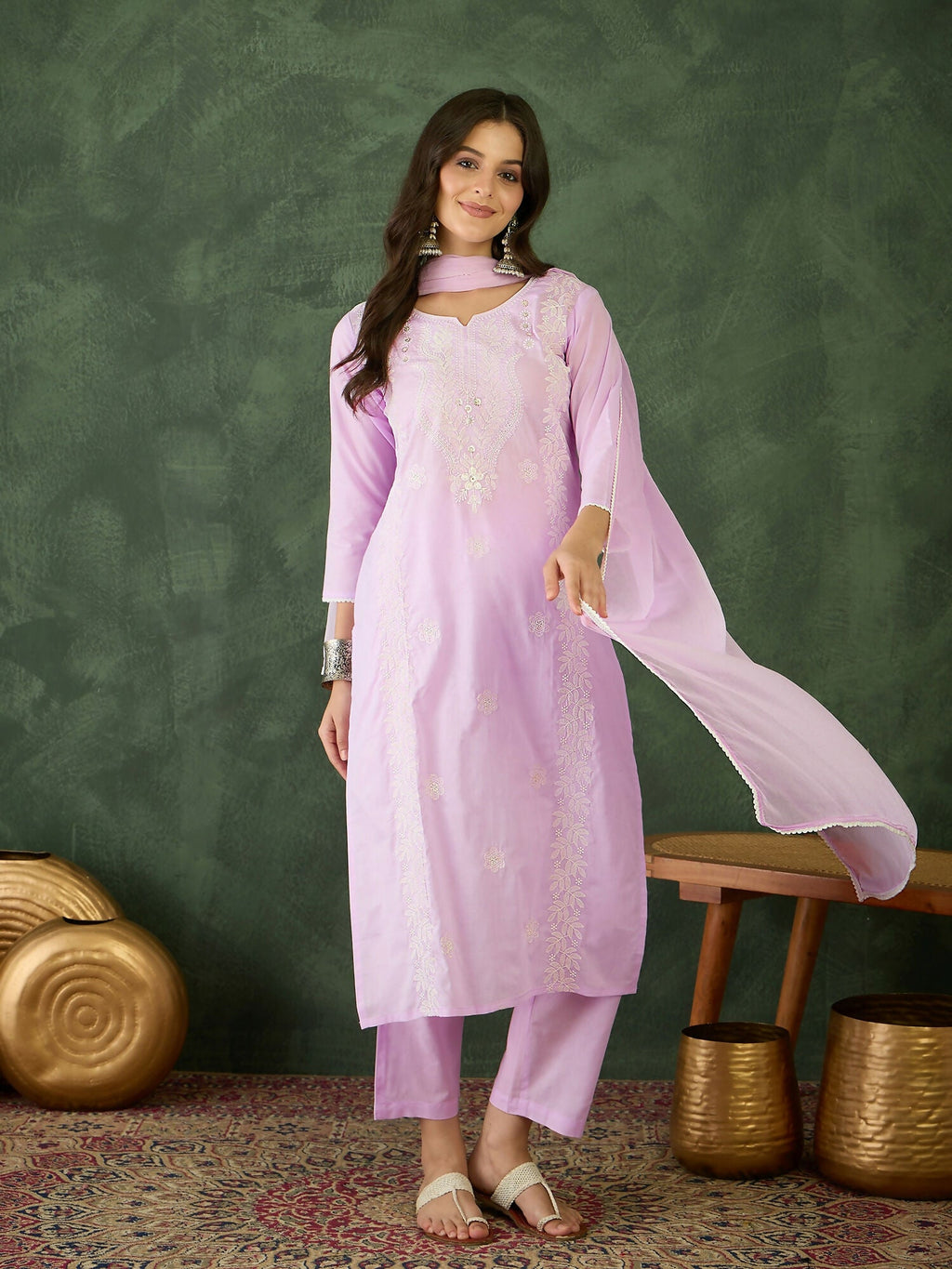 The52 Purple Women's Gorgeous Cotton Blend Fabric Thread Work Straight Kurta, Pant and Dupatta Set - Distacart