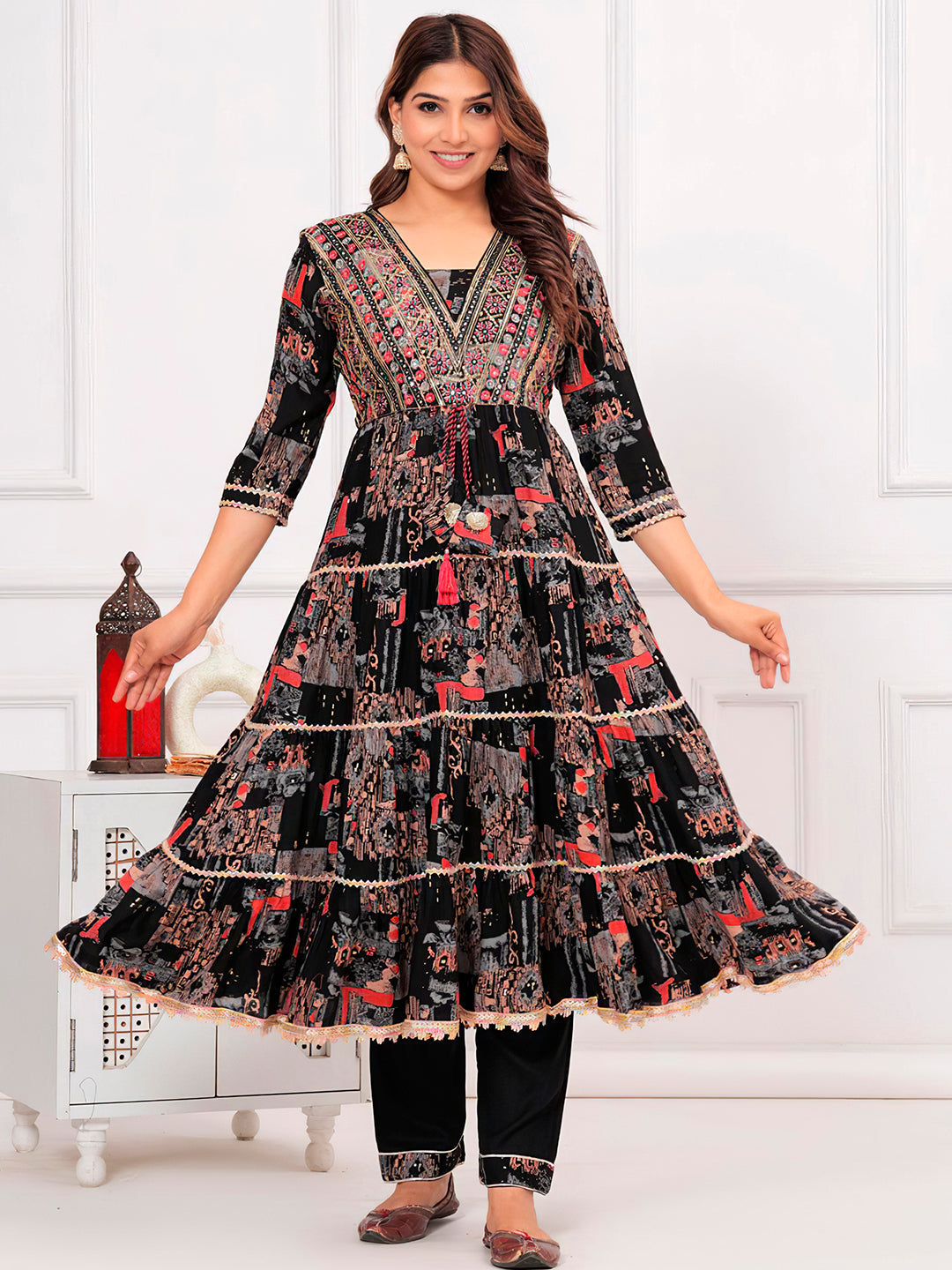Embroidered & Printed Kurta With Pant & Dupatta Luxury Premium, Black - Hiral Fashion - Distacart