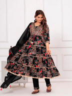 Embroidered & Printed Kurta With Pant & Dupatta Luxury Premium, Black - Hiral Fashion - Distacart