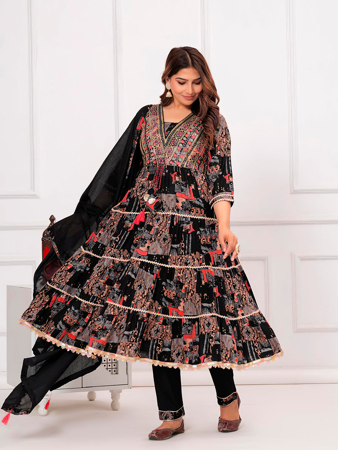 Embroidered & Printed Kurta With Pant & Dupatta Luxury Premium, Black - Hiral Fashion - Distacart