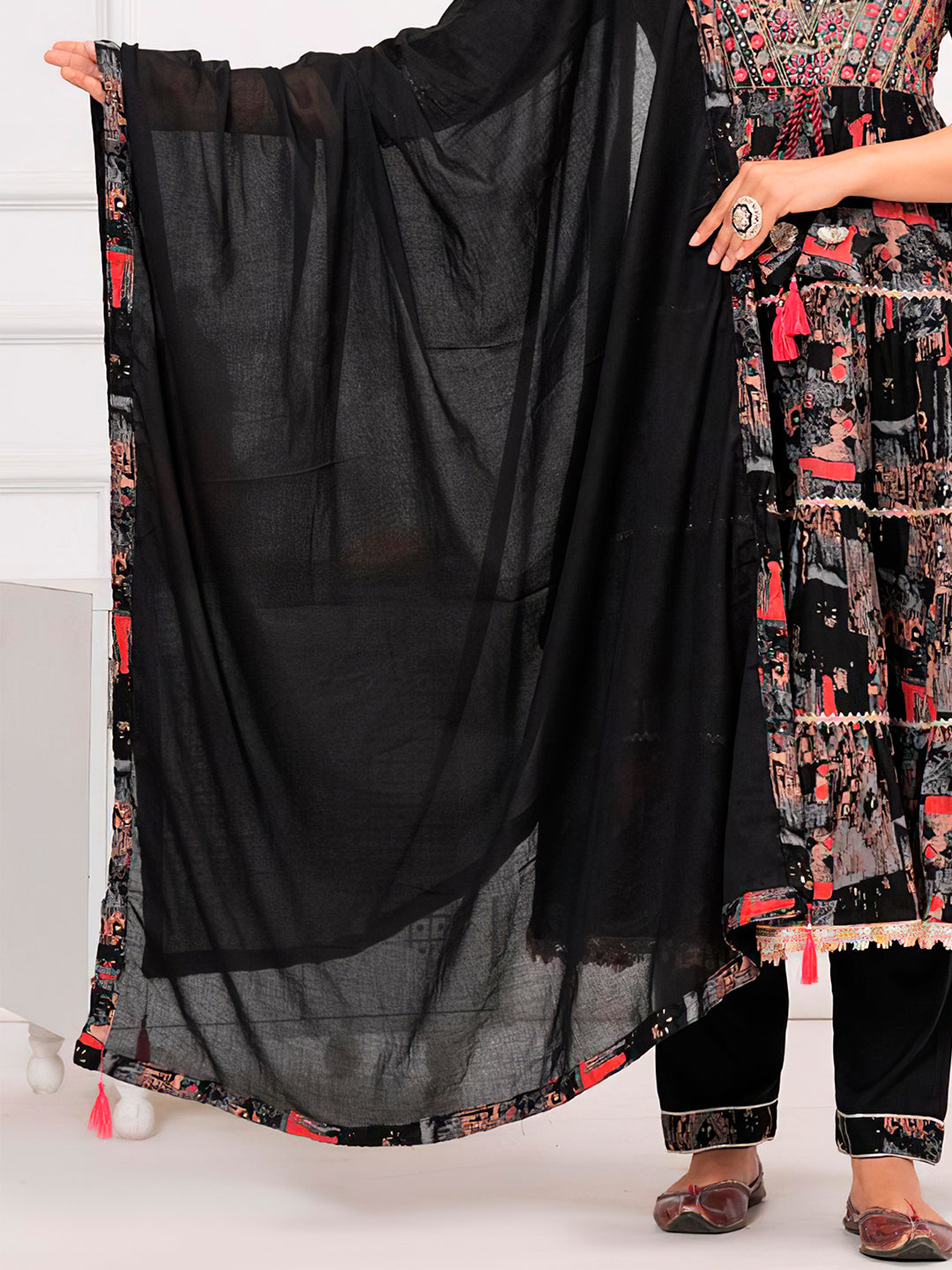 Embroidered & Printed Kurta With Pant & Dupatta Luxury Premium, Black - Hiral Fashion - Distacart
