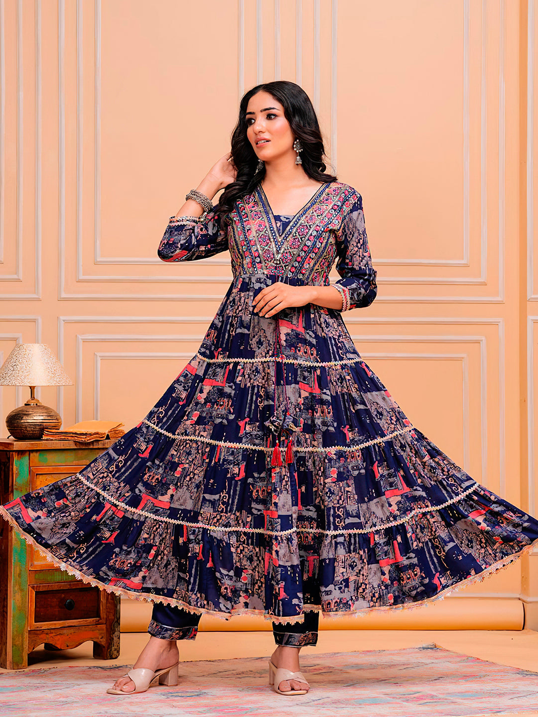 Embroidered & Printed Kurta With Pant & Dupatta Luxury Premium, Navy Blue - Hiral Fashion - Distacart
